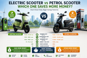 Comparison infographic showing an electric scooter and a petrol scooter with cost savings, maintenance, fuel expenses, emissions, and long-term ownership benefits.
