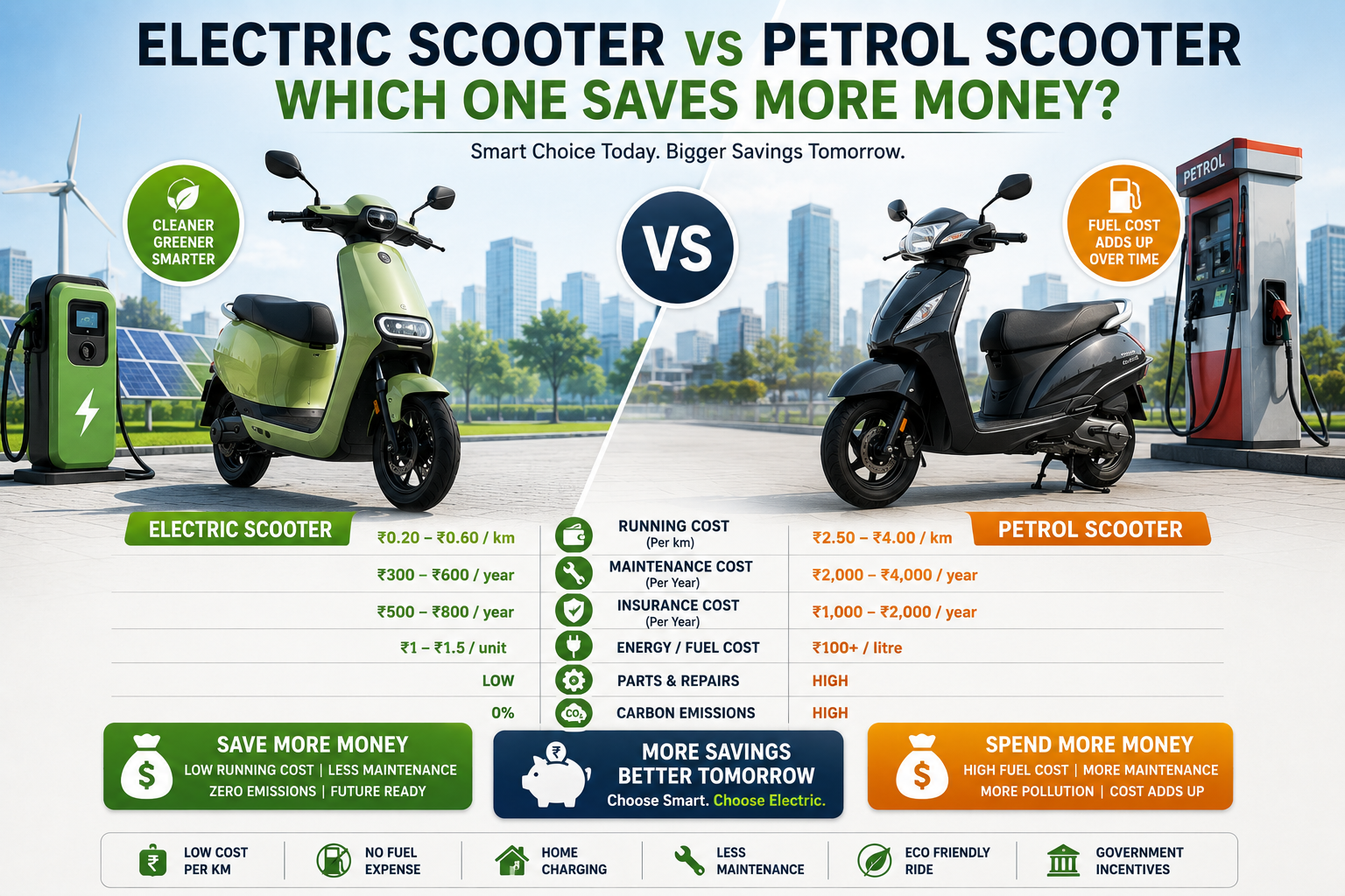 Comparison infographic showing an electric scooter and a petrol scooter with cost savings, maintenance, fuel expenses, emissions, and long-term ownership benefits.