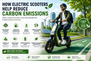 Electric scooter riding through a green smart city with trees, solar panels, wind turbines, and clean transportation infrastructure, representing reduced carbon emissions.