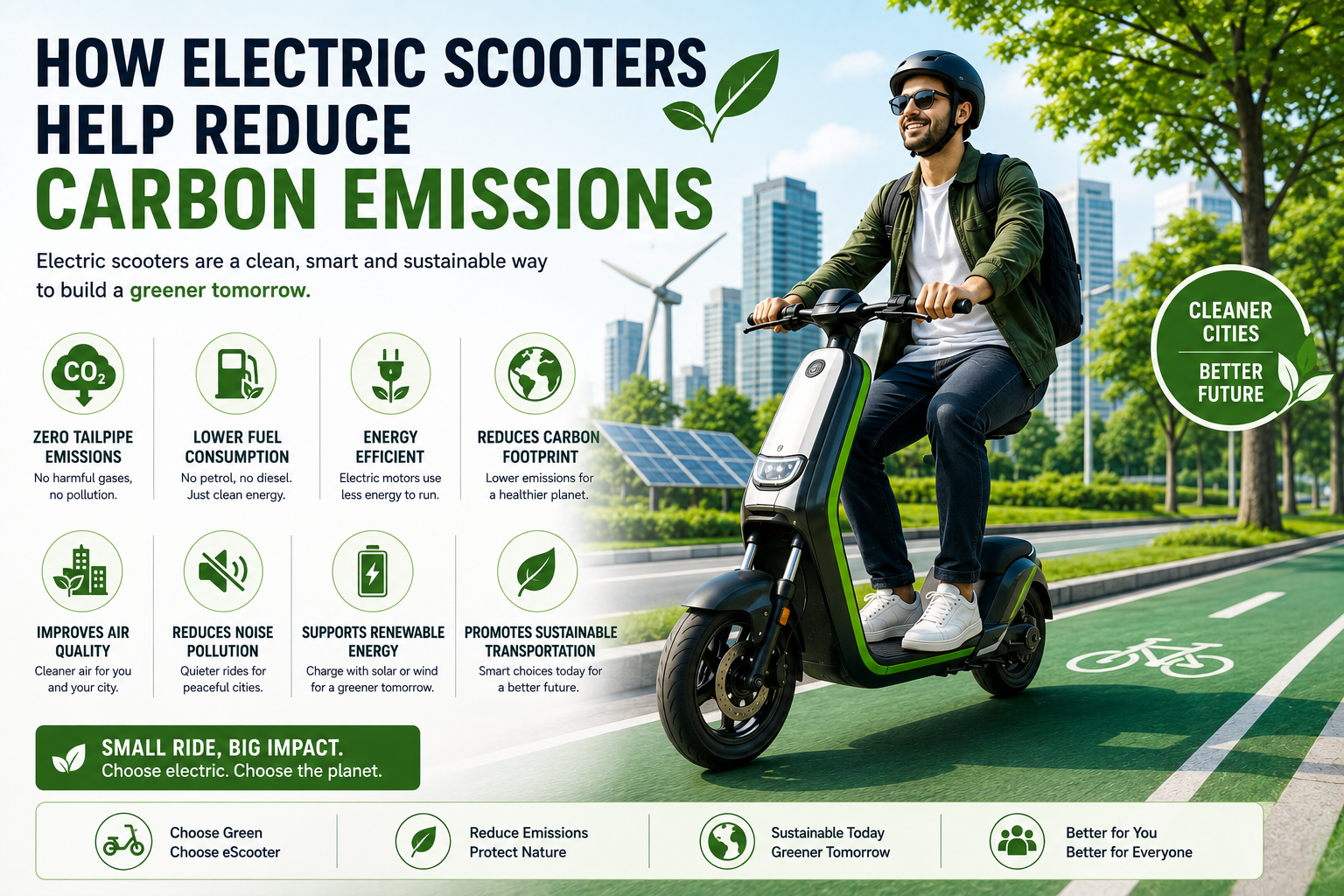 Electric scooter riding through a green smart city with trees, solar panels, wind turbines, and clean transportation infrastructure, representing reduced carbon emissions.