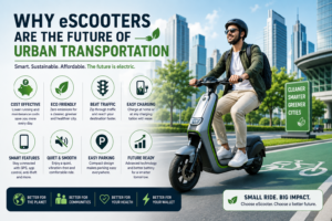 Modern electric scooter rider traveling through a smart green city with clean roads, sustainable transportation, and advanced urban mobility infrastructure.