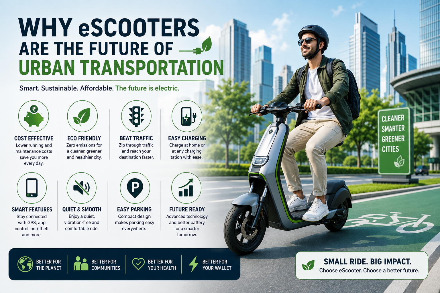 Modern electric scooter rider traveling through a smart green city with clean roads, sustainable transportation, and advanced urban mobility infrastructure.