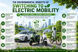 the environmental benefits of electric mobility, including reduced carbon emissions, cleaner air, renewable energy, lower noise pollution, and sustainable transportation.