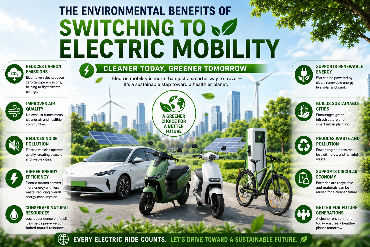 the environmental benefits of electric mobility, including reduced carbon emissions, cleaner air, renewable energy, lower noise pollution, and sustainable transportation.