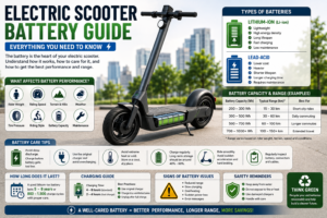 Modern electric scooter with lithium-ion battery infographic showing battery types, charging guide, maintenance tips, battery lifespan, safety features, and performance.