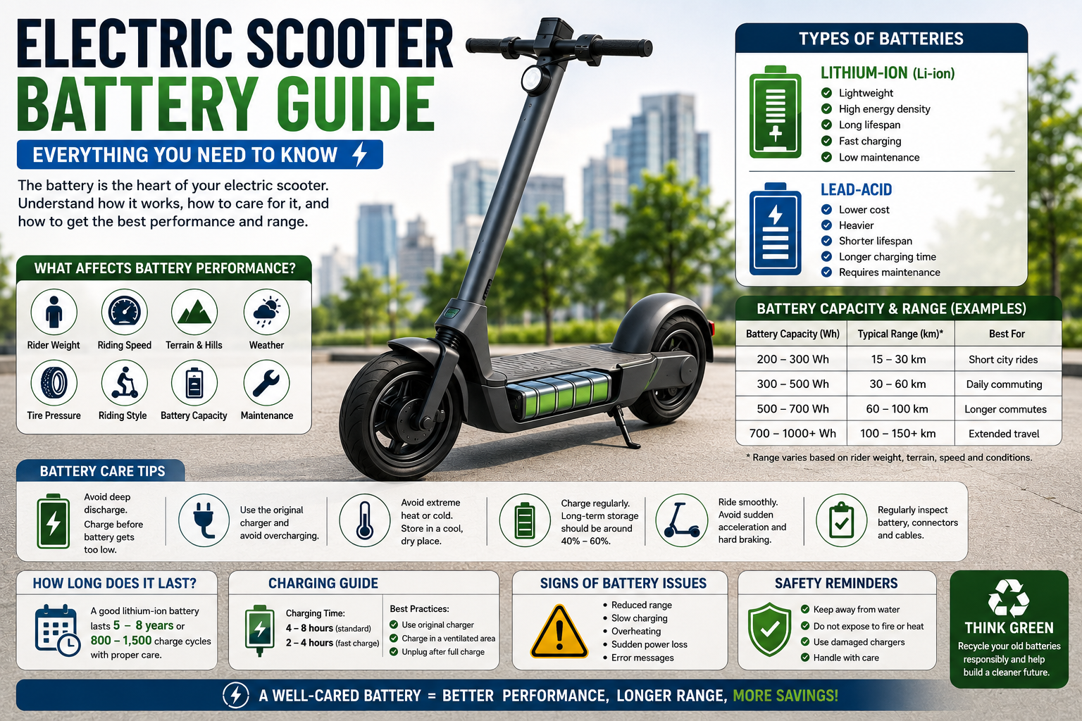 Modern electric scooter with lithium-ion battery infographic showing battery types, charging guide, maintenance tips, battery lifespan, safety features, and performance.