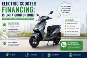 electric scooter with EMI payment options, monthly installment calendar, finance approval, low-interest loan, digital payment, and savings icons.