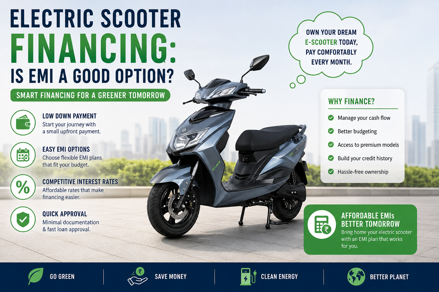 electric scooter with EMI payment options, monthly installment calendar, finance approval, low-interest loan, digital payment, and savings icons.