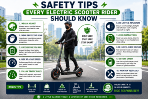 Electric scooter safety infographic showing helmet use, protective gear, traffic rules, battery safety, regular maintenance, safe speed, and defensive riding tips.