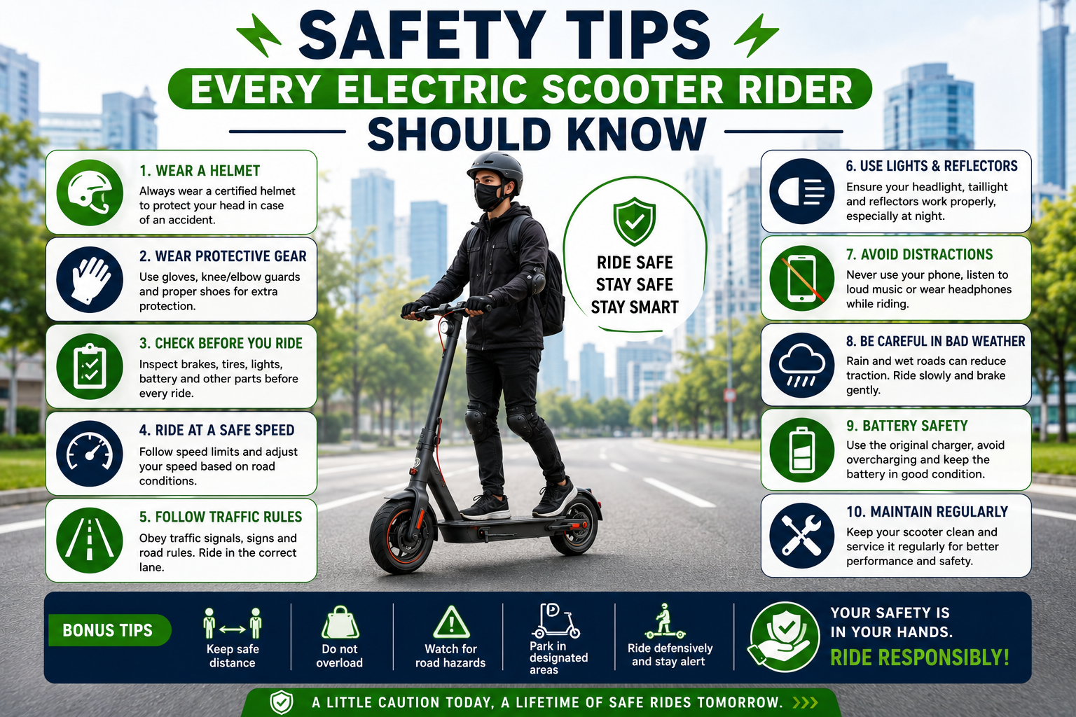 Electric scooter safety infographic showing helmet use, protective gear, traffic rules, battery safety, regular maintenance, safe speed, and defensive riding tips.