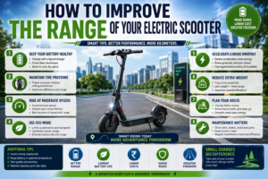 practical tips to improve electric scooter range, including battery care, tire pressure, Eco Mode, smooth acceleration, route planning, maintenance, and efficient riding techniques.