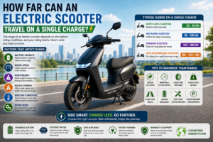Modern electric scooter in a smart city with infographic icons showing battery range, charging, riding distance, rider weight, terrain, and energy efficiency.
