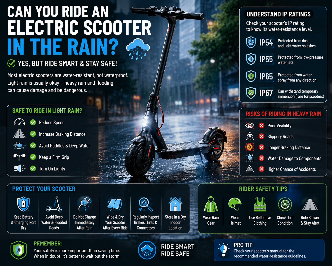electric scooter being ridden safely in light rain with waterproof features, IP rating, battery protection, safe braking, tire grip, and rainy weather safety tips.