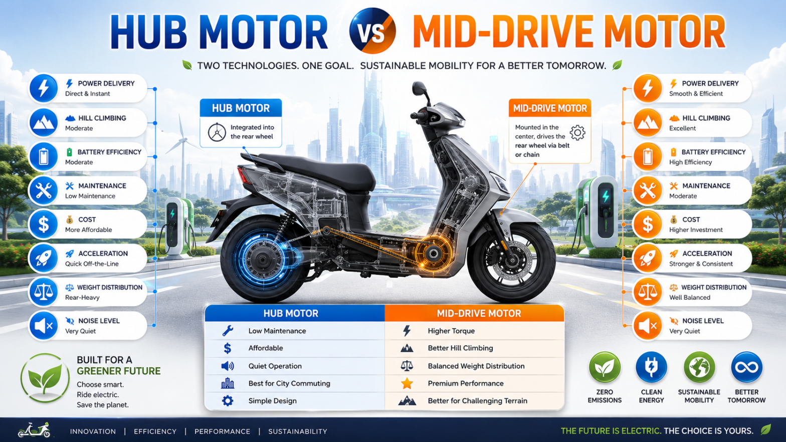 hub motor and mid-drive motor electric scooters, highlighting power delivery, hill climbing, battery efficiency, maintenance, cost, and performance.