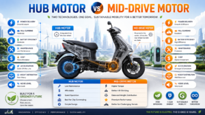 hub motor and mid-drive motor electric scooters, highlighting power delivery, hill climbing, battery efficiency, maintenance, cost, and performance.