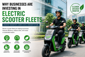 Business employees using electric scooter fleets for eco-friendly transportation and last-mile delivery.