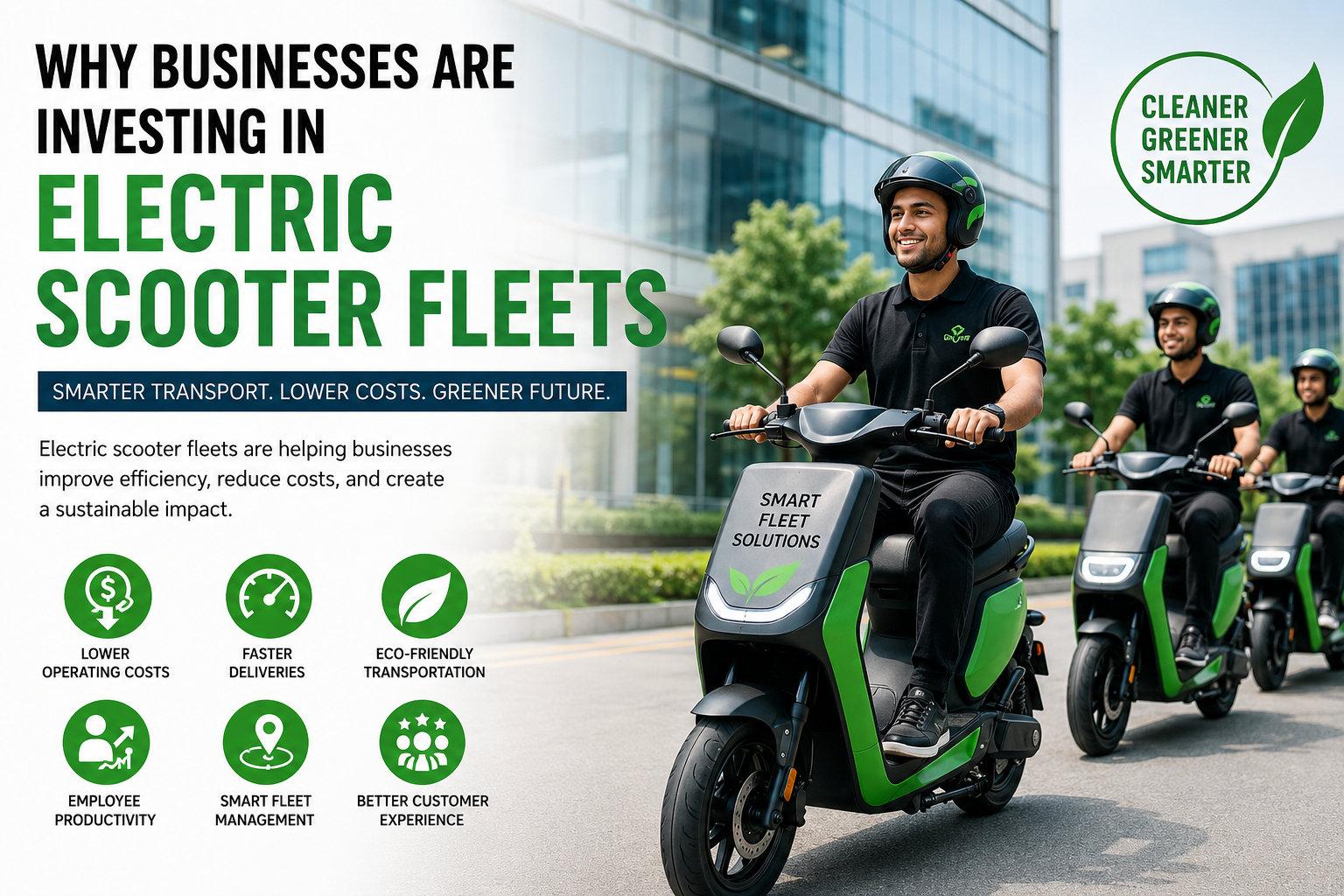 Business employees using electric scooter fleets for eco-friendly transportation and last-mile delivery.