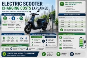 electric scooter charging costs, battery capacity, electricity rates, charging formula, cost comparison with petrol scooters, and money-saving charging tips.