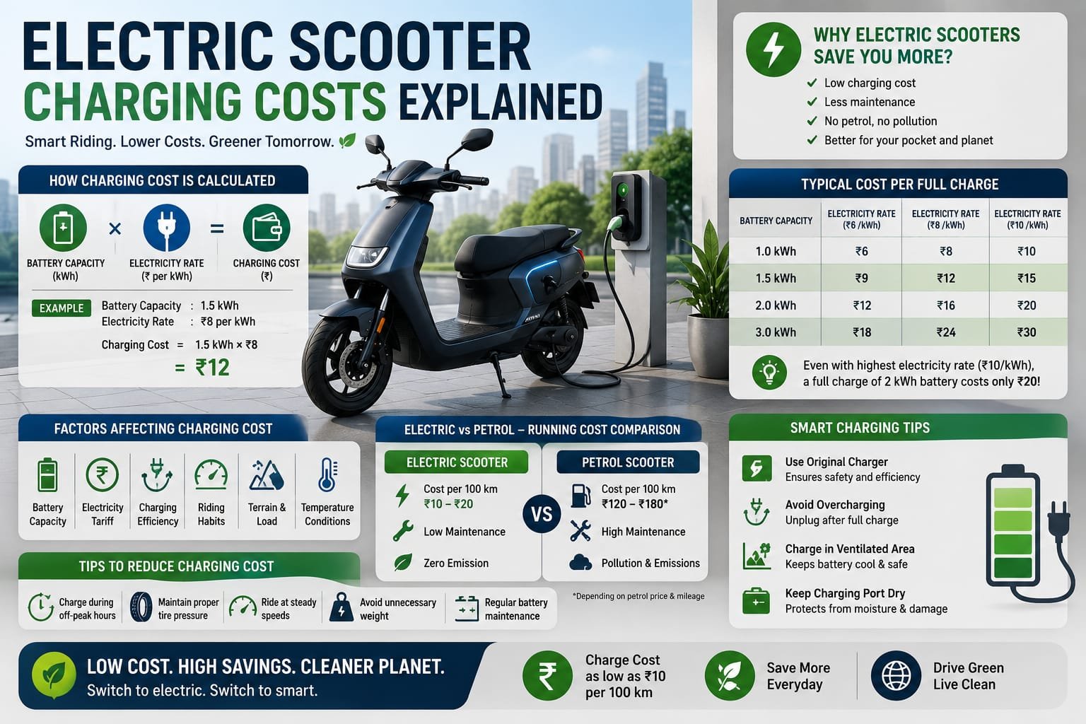 electric scooter charging costs, battery capacity, electricity rates, charging formula, cost comparison with petrol scooters, and money-saving charging tips.