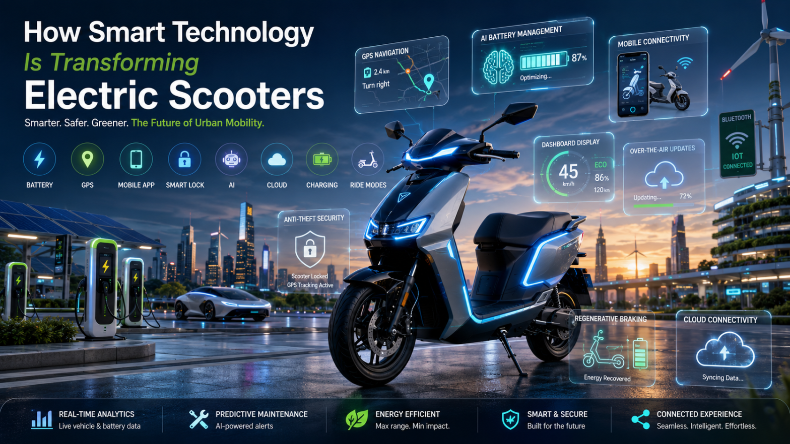 Futuristic smart electric scooter with AI dashboard, GPS navigation, smartphone connectivity, IoT features, Bluetooth, and intelligent battery management in a modern smart city.