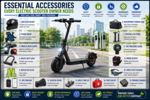 electric scooter surrounded by essential accessories including a helmet, phone mount, U-lock, LED lights, portable air pump, GPS tracker, gloves, storage bag, charger, and maintenance tools.