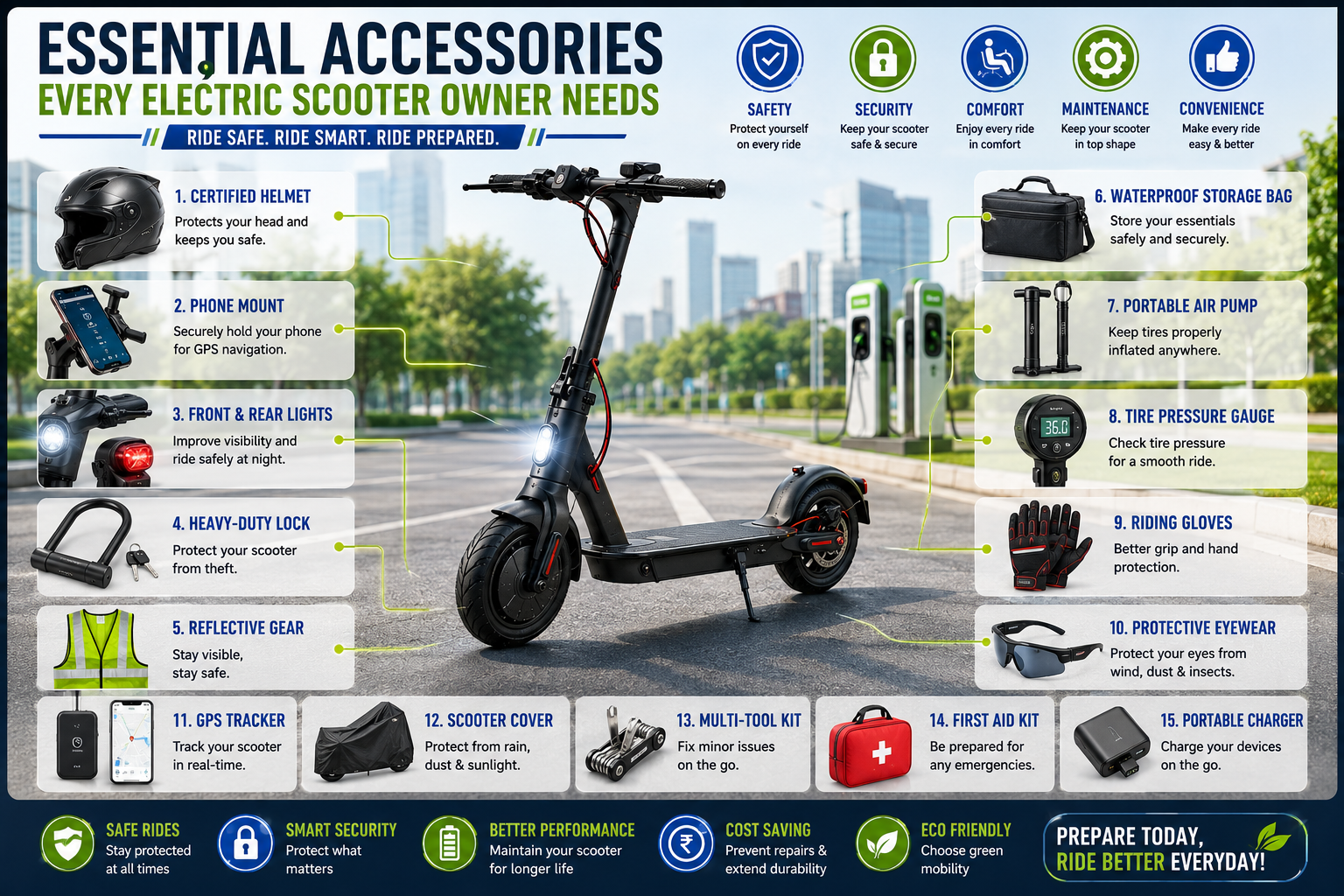 electric scooter surrounded by essential accessories including a helmet, phone mount, U-lock, LED lights, portable air pump, GPS tracker, gloves, storage bag, charger, and maintenance tools.