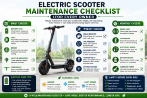 electric scooter maintenance checklist with battery care, tire inspection, brake checks, charging tips, suspension inspection, cleaning, and regular servicing.