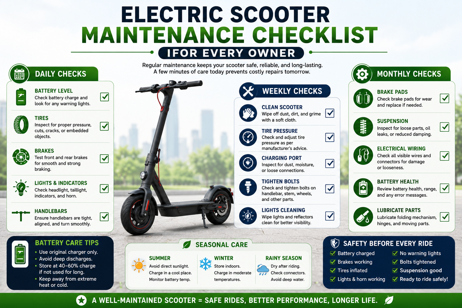 electric scooter maintenance checklist with battery care, tire inspection, brake checks, charging tips, suspension inspection, cleaning, and regular servicing.
