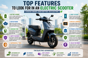 Modern electric scooter with infographic icons highlighting battery capacity, riding range, motor power, charging time, safety features, smart technology, suspension, and warranty.