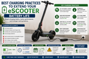 Electric scooter charging infographic showing battery care tips, charging best practices, storage recommendations, battery lifespan, and maintenance advice.