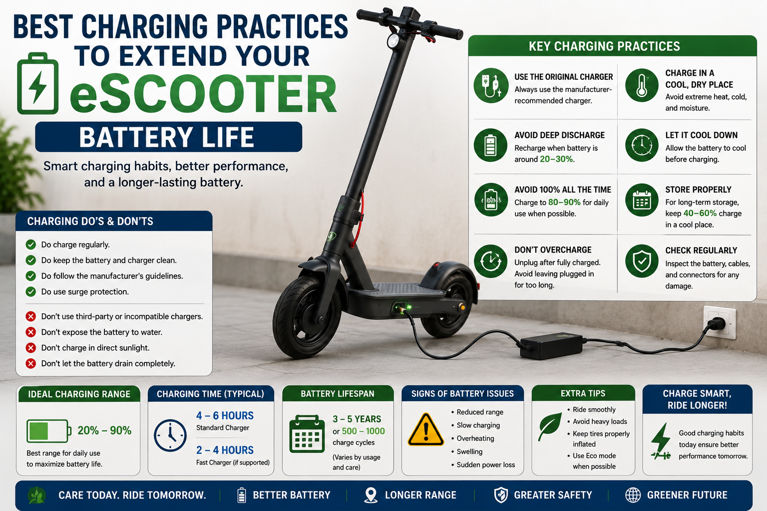 Electric scooter charging infographic showing battery care tips, charging best practices, storage recommendations, battery lifespan, and maintenance advice.