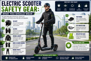 electric scooter rider wearing a certified helmet, gloves, riding jacket, knee guards, reflective vest, protective eyewear, and closed-toe shoes with labeled safety equipment.