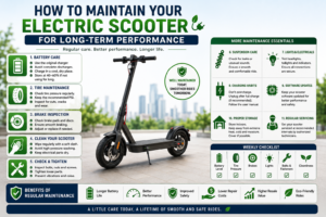 Electric scooter maintenance infographic showing battery care, tire pressure checks, brake inspection, cleaning, charging habits, storage, and regular servicing.