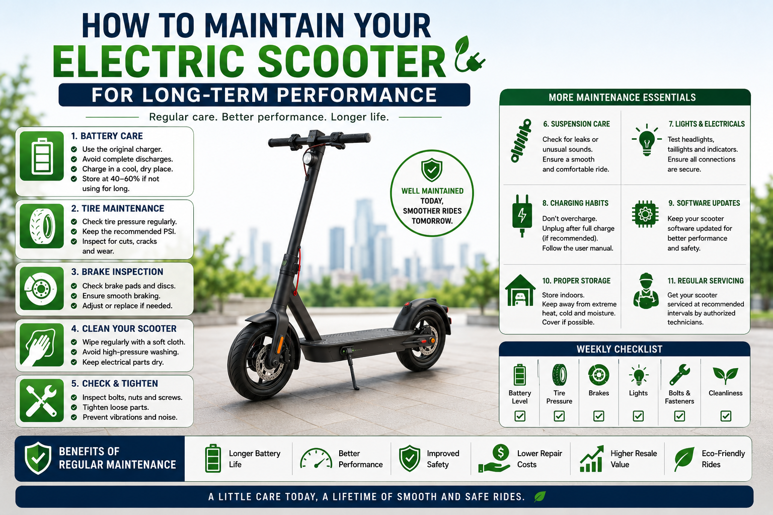 Electric scooter maintenance infographic showing battery care, tire pressure checks, brake inspection, cleaning, charging habits, storage, and regular servicing.
