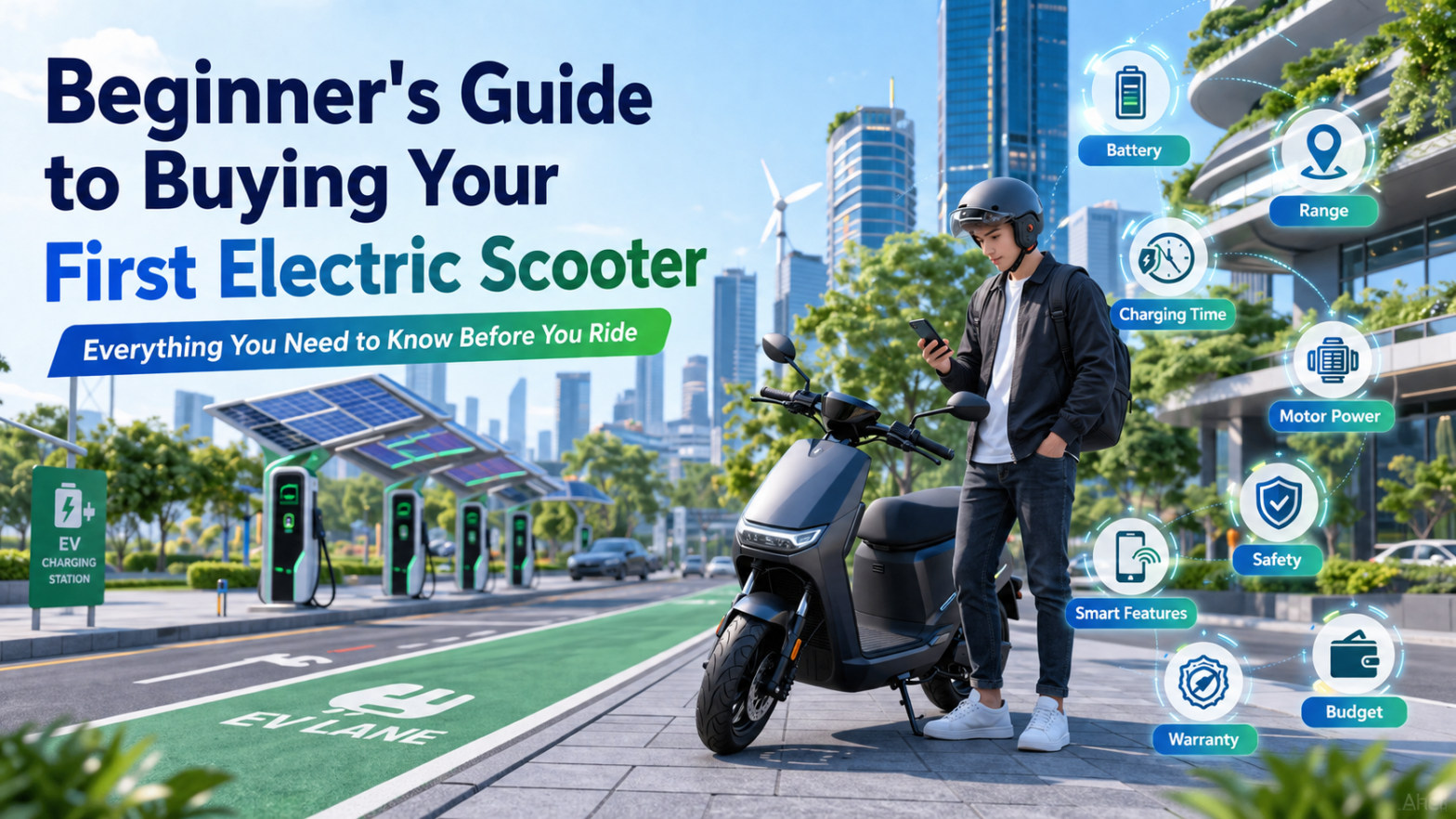 A beginner choosing their first electric scooter in a smart city with icons representing battery life, range, charging, safety, warranty, and smart features.