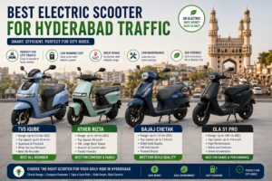 Best electric scooters for Hyderabad traffic, including TVS iQube, Ather Rizta, Bajaj Chetak, and Ola S1 Pro for daily city commuting.