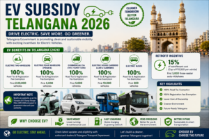 EV subsidy Telangana 2026 showing electric scooters, cars, commercial EVs, buses, road tax exemption and registration fee benefits in Hyderabad.